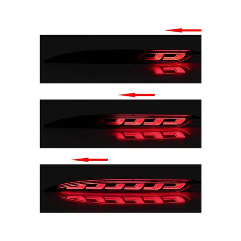 Straight Swap Led Rear Bumper Brake Lights With Sequential Drl Turn Signal Lamps For 2020 To 2023 Tesla Model Y illuminated from side view.