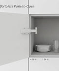 Open cabinet showing Handle-Free Cabinet Door With Push To Open Rebounder Latch, Durable ABS Plastic Catch In White, 1 Pack