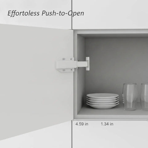 Open cabinet showing Handle-Free Cabinet Door With Push To Open Rebounder Latch, Durable ABS Plastic Catch In White, 1 Pack
