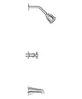Three-Handle Tub And Shower Faucet Set With Metal Cross Handles, Polished Chrome Finish, 5-Hole Installation, Shower Arm, Tub Spout