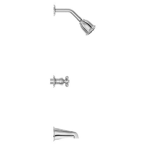 Three-Handle Tub And Shower Faucet Set With Metal Cross Handles, Polished Chrome Finish, 5-Hole Installation, Shower Arm, Tub Spout