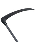 Scythe With Grinding Stone And Wooden Handle For Grass And Weeds, Serrated Edge Garden Tool blade close-up, long reach hand tool