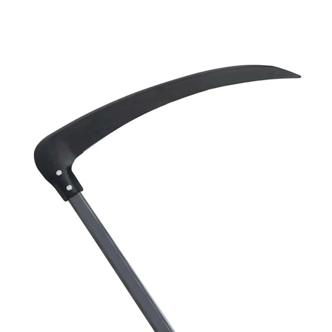Scythe With Grinding Stone And Wooden Handle For Grass And Weeds, Serrated Edge Garden Tool blade close-up, long reach hand tool