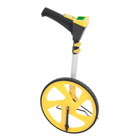 Top Tier Digital Measuring Wheel With Slick Backlit Display And Hella Smooth Rolling Action Featuring Boss Telescopic Handle, side view.