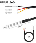 Detailed view of Two Pack 10M DS18B20 Temperature Sensors With Stainless Steel Probes Waterproof Cable For DIYers And Home Automation Fans Compatible With Arduino Raspberry Pi Shelly, showing probe dimensions and cable connections
