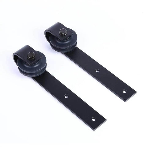 Antique Style Wood Barn Door Hardware Flat Rollers Hangers Black Finish No Sliding Rail, side view of carbon steel rollers.