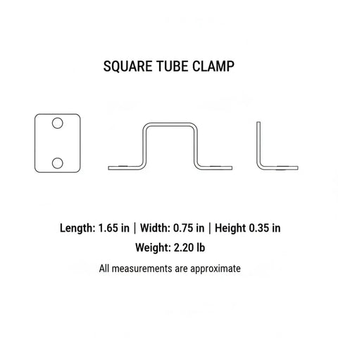Diagram of Sturdy Stainless Steel Square Tube Clamp For 0.4 Inch Tubing, 90 Degree Right Angle Frame Connector with dimensions.
