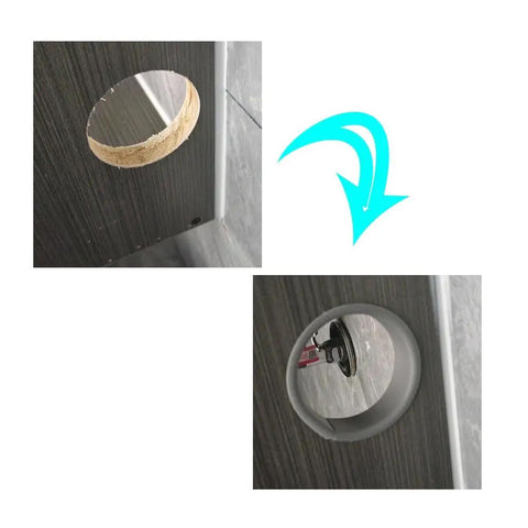 No Sweat Glue Free PVC Edge Trim, Easy Peasy Snap On Guard For Cabinets And Tables, showing installation process on a cabinet hole.