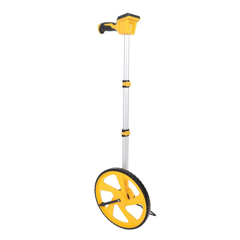 YDuupxe Digital Measuring Wheel, Aluminum Alloy Telescopic Measure Wheel in yellow and black, showing the fully extended design.