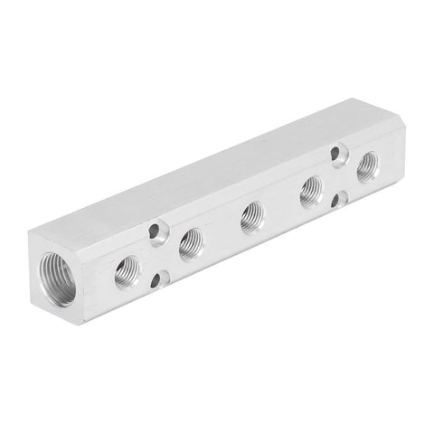 Pneumatic Manifold Air Distribution Block made from aluminum alloy for air compressors, showcasing threaded ports and heavy-duty construction.