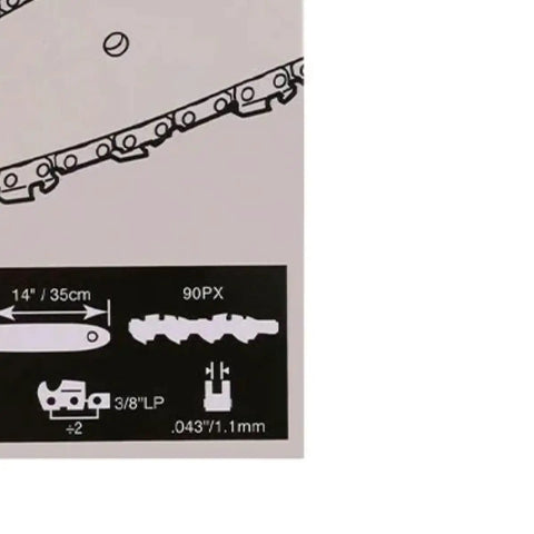 Top Shelf 14 Inch Chainsaw Chain Replacement Featuring 3 8 Pitch Low Profile Bar with specifications including 90PX and .043 gauge.