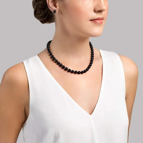 Black Akoya Japanese Pearl Necklace for women in 14K gold strand, 18 inch, featuring 8.5 to 9.0 mm genuine cultured pearls on model.