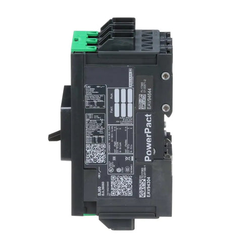 Built Tough 60 Amp Three Pole Circuit Breaker With Thermal Magnetic Trip Unit shown from side, featuring din rail mount and detailed labels.
