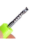 Heavy Duty Single Flute Carbide CNC Router Bit Built Like A Tank For Killer Wood Slotting Engraving And Slick Edge Forming Delivering Kick Butt Performance On Door And Window Hinge Recess Projects close-up with green shank.