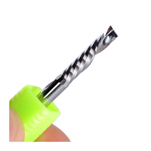 Heavy Duty Single Flute Carbide CNC Router Bit Built Like A Tank For Killer Wood Slotting Engraving And Slick Edge Forming Delivering Kick Butt Performance On Door And Window Hinge Recess Projects close-up with green shank.
