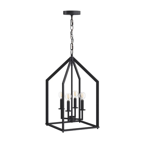 Chic Rustic Black 4 Light Chandelier With Metal Cage Pendant Adjustable Chain Hanging Light Fixture For Kitchen Island And Dining Room Farmhouse Lantern Style Ceiling Light With Modern Industrial Edge hanging from ceiling.