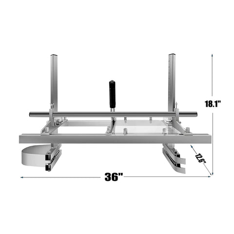 Front view of a Portable Chainsaw Mill 36 Inch Rail Guide System For Quick Setup Fits 14 To 36 Inch Chainsaw Bars Adjustable Thickness From 1/2 Inch To 12 Inch Pro Grade DIY Friendly Durable Steel And Aluminum Build For Rugged Wood Milling, showing dimensions.