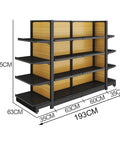 Heavy Duty Four Tier Metal Storage Shelves Double Sided Adjustable Supermarket Rack, 135CM tall, black and wood finish.