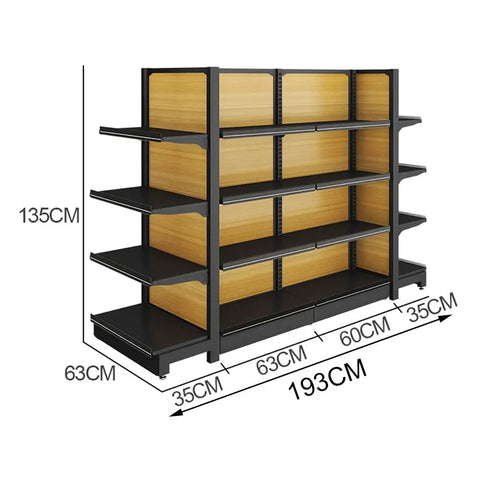 Heavy Duty Four Tier Metal Storage Shelves Double Sided Adjustable Supermarket Rack, 135CM tall, black and wood finish.