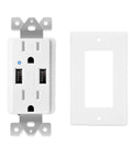 Plug And Go USB Wall Outlet With Dual 4.2A Fast Charging Ports Built Tough 15 Amp Tamper Resistant Duplex Receptacle and clean white faceplate.