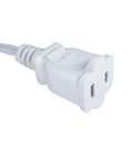 Close-up of Short White Indoor Extension Cord Two Foot, Polarized 2 Prong NEMA 5-15P to 5-15R outlet saver power cable.