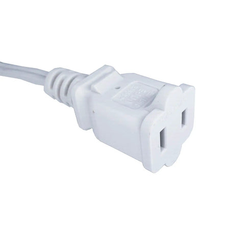 Close-up of Short White Indoor Extension Cord Two Foot, Polarized 2 Prong NEMA 5-15P to 5-15R outlet saver power cable.