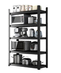 Flat Out Sturdy Heavy Duty Storage Shelf Rack Adjustable Multi Tier Metal Shelving Unit black, holding kitchen appliances and pots.