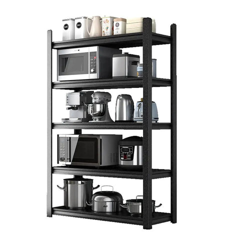 Flat Out Sturdy Heavy Duty Storage Shelf Rack Adjustable Multi Tier Metal Shelving Unit black, holding kitchen appliances and pots.