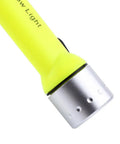 Close-up of 180 LED Diving Flashlight Underwater Torch in Fluorescent Green, aluminum body, nylon strap visible