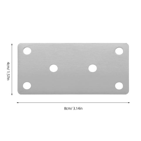 Heavy Duty Stainless Steel Triangular Corner Brackets For Wood Furniture Rust Resistant And Easy Install Flat Metal Mending Plates For Furniture And Machinery Built To Last No Sweat Industrial Grade Support Set, rectangle plate with six holes, dimensions 8cm by 4cm.