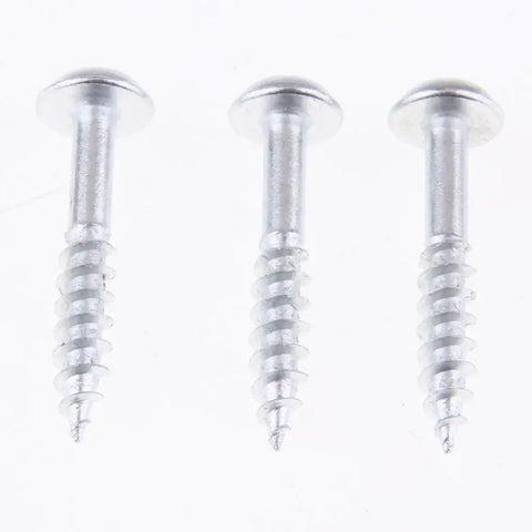 Washer Head Pocket Hole Wood Screws 100 Pieces Self Tapping Stainless Steel Fully Threaded For Woodworking And Pocket Hole Jig Projects 15mm To 20mm Material Thickness, close-up of three screws showing threaded detail for wood projects.