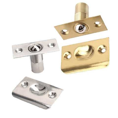 Stainless Steel Adjustable Roller Ball Door Catch Lock With Brass Finish. Four latches shown, featuring brass and stainless steel options.