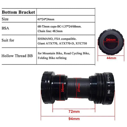 Diagram of bottom bracket dimensions for Hollow Integrated 170mm 104 BCD Mountain Bike Crankset with compatibility details.