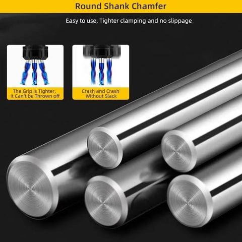 Four round-shank 2-flute solid carbide end mills; CNC cutting tools with polished metal bodies.
