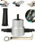 Double Head Sheet Metal Nibbler Saw Cutter Power Drill Attachment with ergonomic handle and wrench, shown in use for metal sheet cutting.