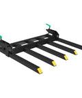 Clamp On Debris Forks For 48 Inch Buckets Heavy Duty Clamp With 2500 Lbs Capacity, showing five black prongs with green handles.