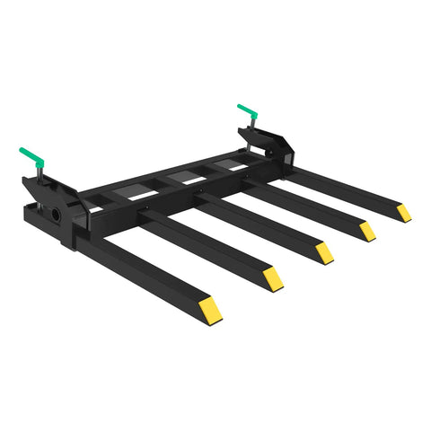 Clamp On Debris Forks For 48 Inch Buckets Heavy Duty Clamp With 2500 Lbs Capacity, showing five black prongs with green handles.