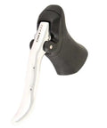 Side view of RL340 Lever Pair For Drop Bar Brakes Forged Aluminum Levers In Silver With Black Rubber Hoods Lightweight About 320 Grams