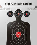 High-contrast silhouette paper shooting targets with a red bullseye for handgun, pistol, rifle, BB and airsoft use.
