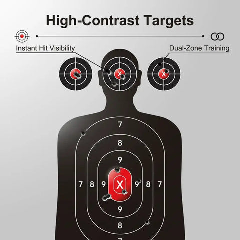 High-contrast silhouette paper shooting targets with a red bullseye for handgun, pistol, rifle, BB and airsoft use.