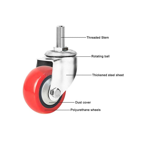Close-up of heavy duty swivel caster wheel with brakes, showing M threaded stem and PU wheel for industrial use.
