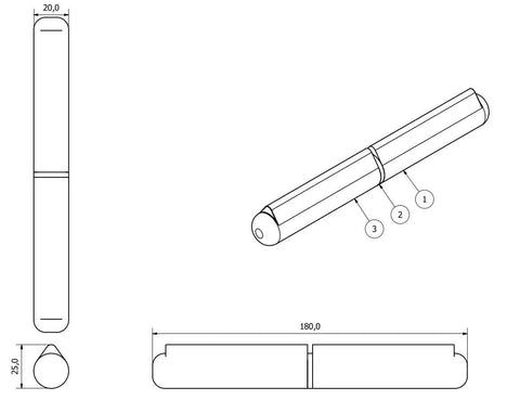 Two Pack Lift Off Stainless Steel Bullet Door Hinges Weld On 20x180mm Built To Last Heavy Duty 180 Degree Swing 14mm Pins Rustproof 304 ANSI Grade For Exterior Or Interior Doors technical drawing