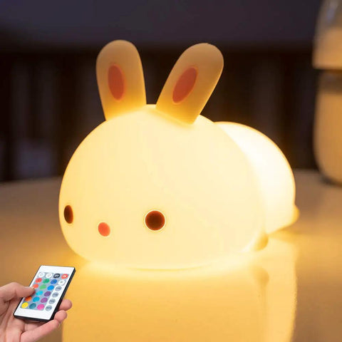 Bunny Squishy Night Light For Kids With Remote, 16 Colors And 5 Brightness Levels, illuminated soft silicone bunny with hand-held remote.