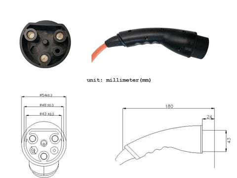 Top Shelf Ev Golf Cart Charger Cable 10 Feet Long 16 Amp 120V Plug showing connector details and dimensions for Club Car compatibility.