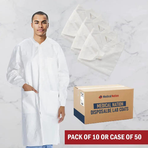 Model wearing Disposable White Lab Coat With Pockets Knee Length For Men And Women Unisex Medical Wear beside product box