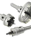 Three CT5 carbide tipped hole cutters displayed for electric drills, showing varying sizes up to 3/16-inch depth of cut.