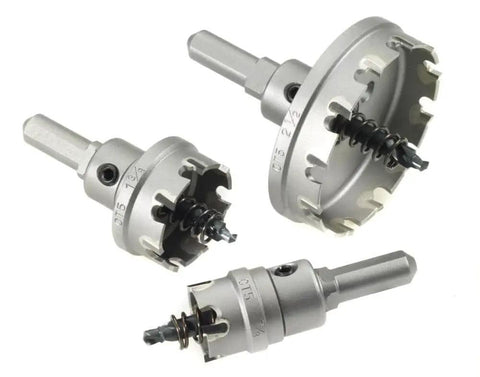 Three CT5 carbide tipped hole cutters displayed for electric drills, showing varying sizes up to 3/16-inch depth of cut.