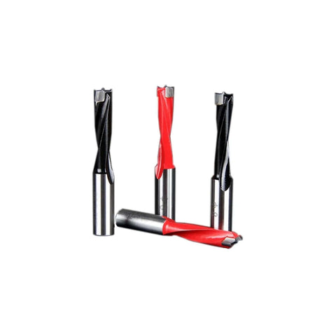 AVIMYA two-flute woodworking drill bit set with TCT head; chrome shanks, red/black sleeves.