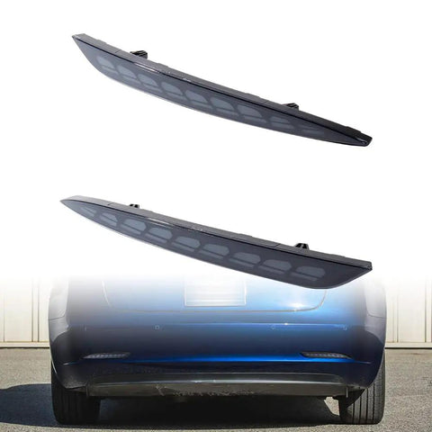 Slick Sequential Rear Bumper Lights For Tesla Model 3 showing dark smoke lens design, mounted at rear for sleek look.