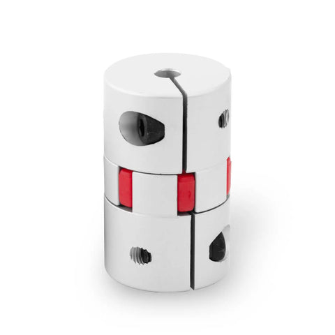 D40xL65 Aluminum Shaft Coupling 8mm To 12.7mm Beefy Flexible Spider Coupler with red accents, front view